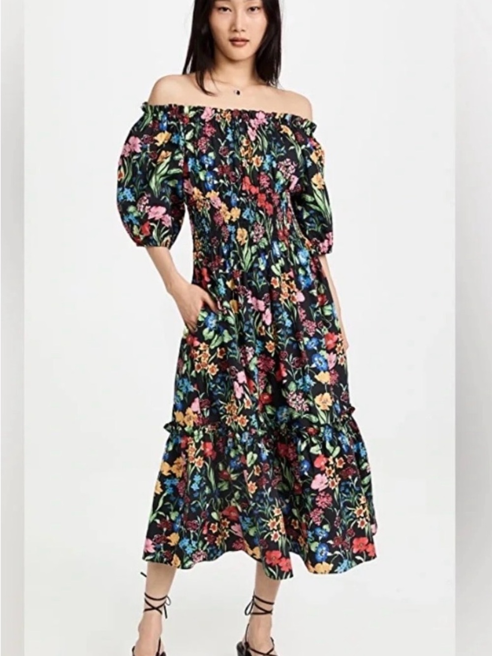 Cara Cara Black Floral Off-Shoulder Midi Dress